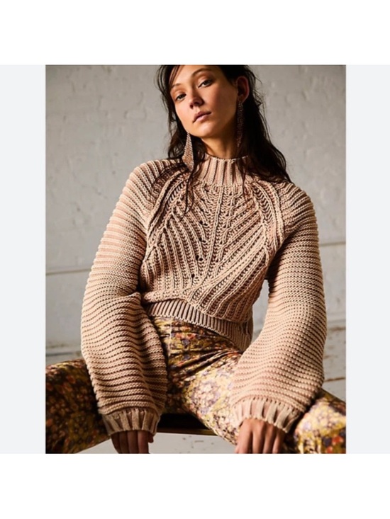 Free People Sweaters - Free People Beige Cropped Cable Knit Crew Sweater